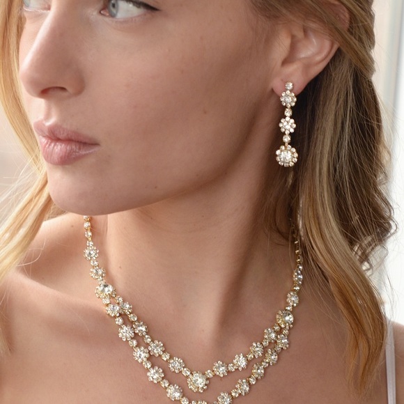Regal Gold ✨ Two Row Rhinestone 💎Necklace & Earrings Set LuxFashionGalleria.com - Picture 3 of 5